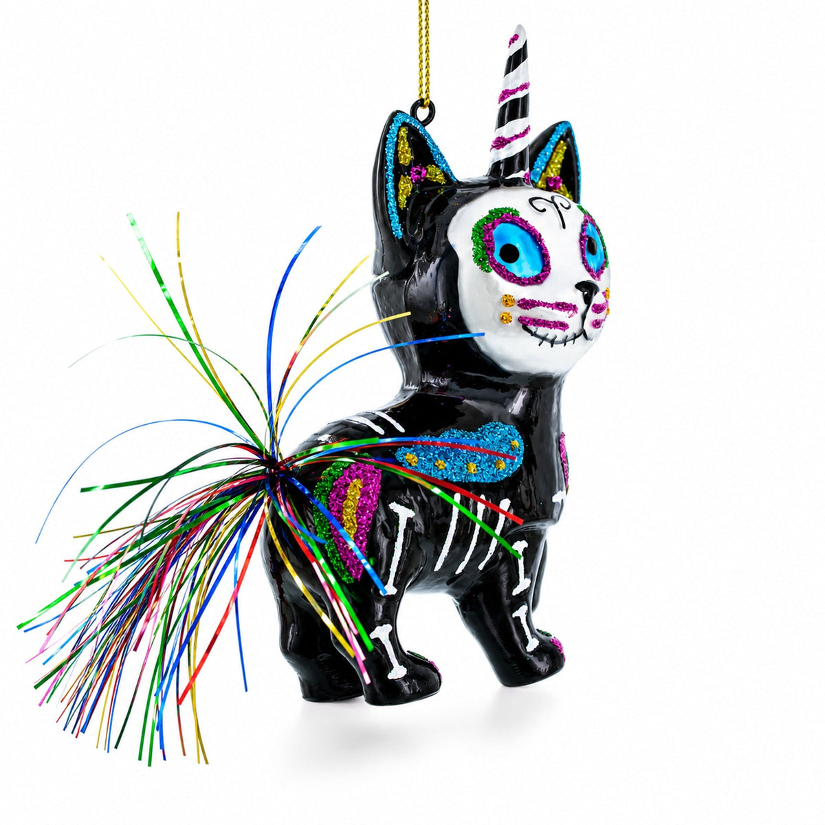 Black Cat on Halloween Glass Christmas Ornament