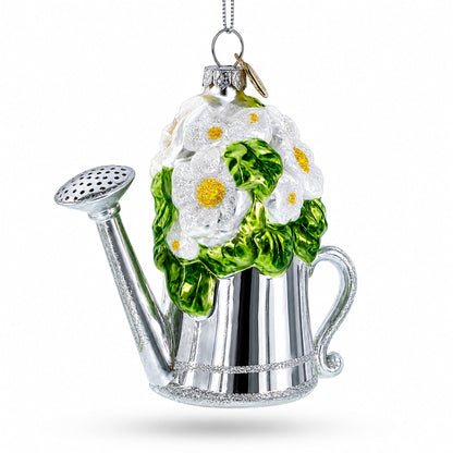Floral Watering Can Glass Christmas Ornament