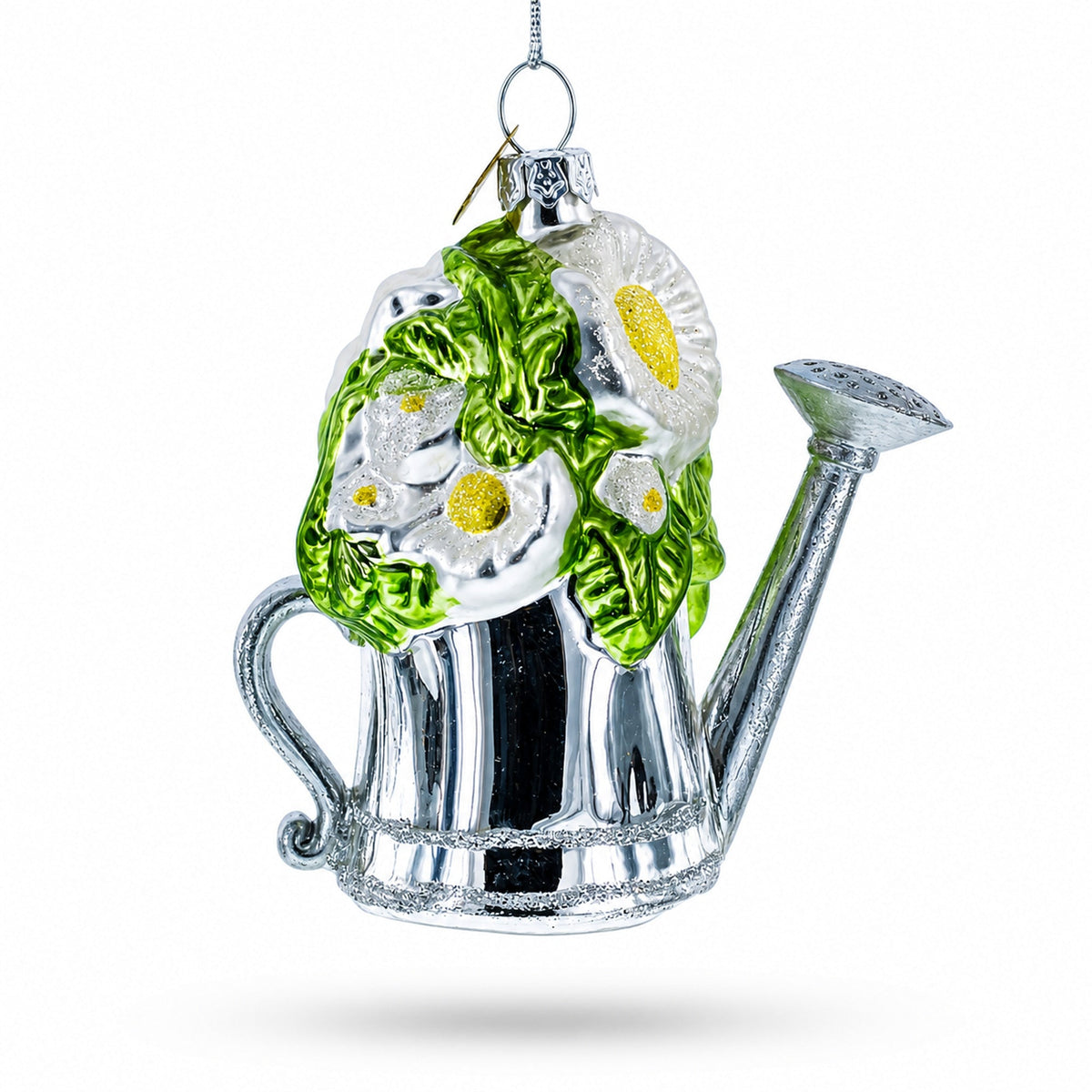 Floral Watering Can Glass Christmas Ornament