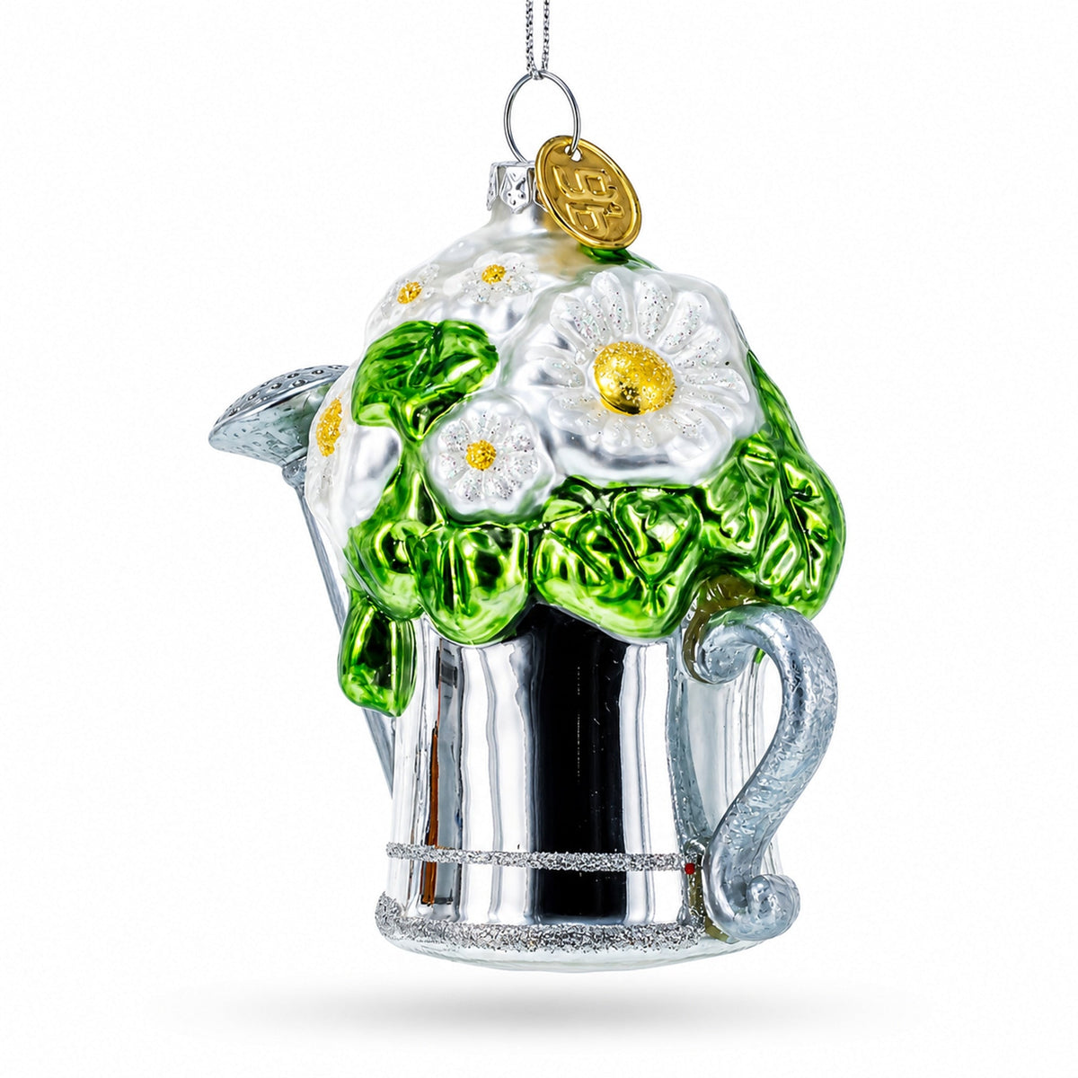 Floral Watering Can Glass Christmas Ornament