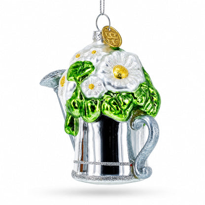 Floral Watering Can Glass Christmas Ornament