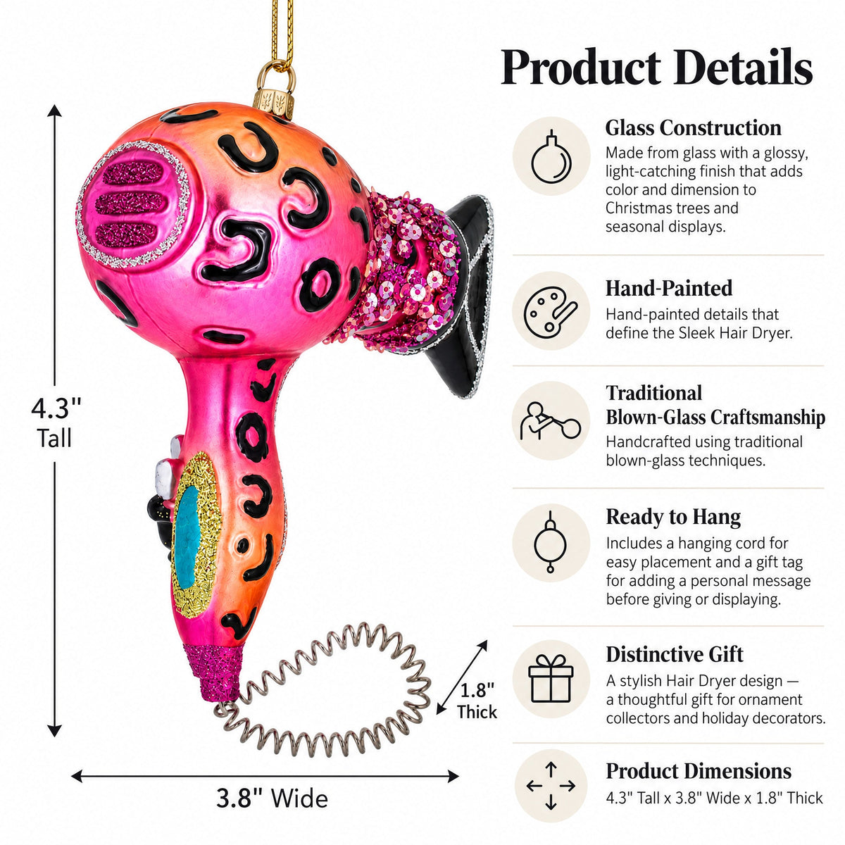 Sleek Hair Dryer Glass Christmas Ornament