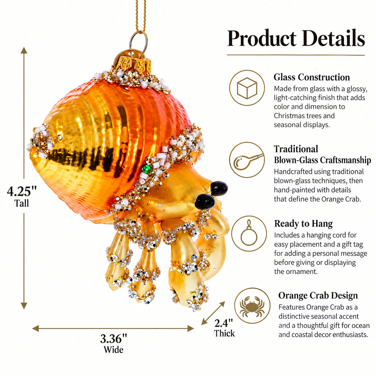 Orange Crab Glass Christmas Ornament
