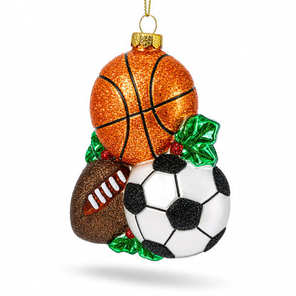 Sporty Football, Basketball, and Soccer Balls Glass Christmas Ornament