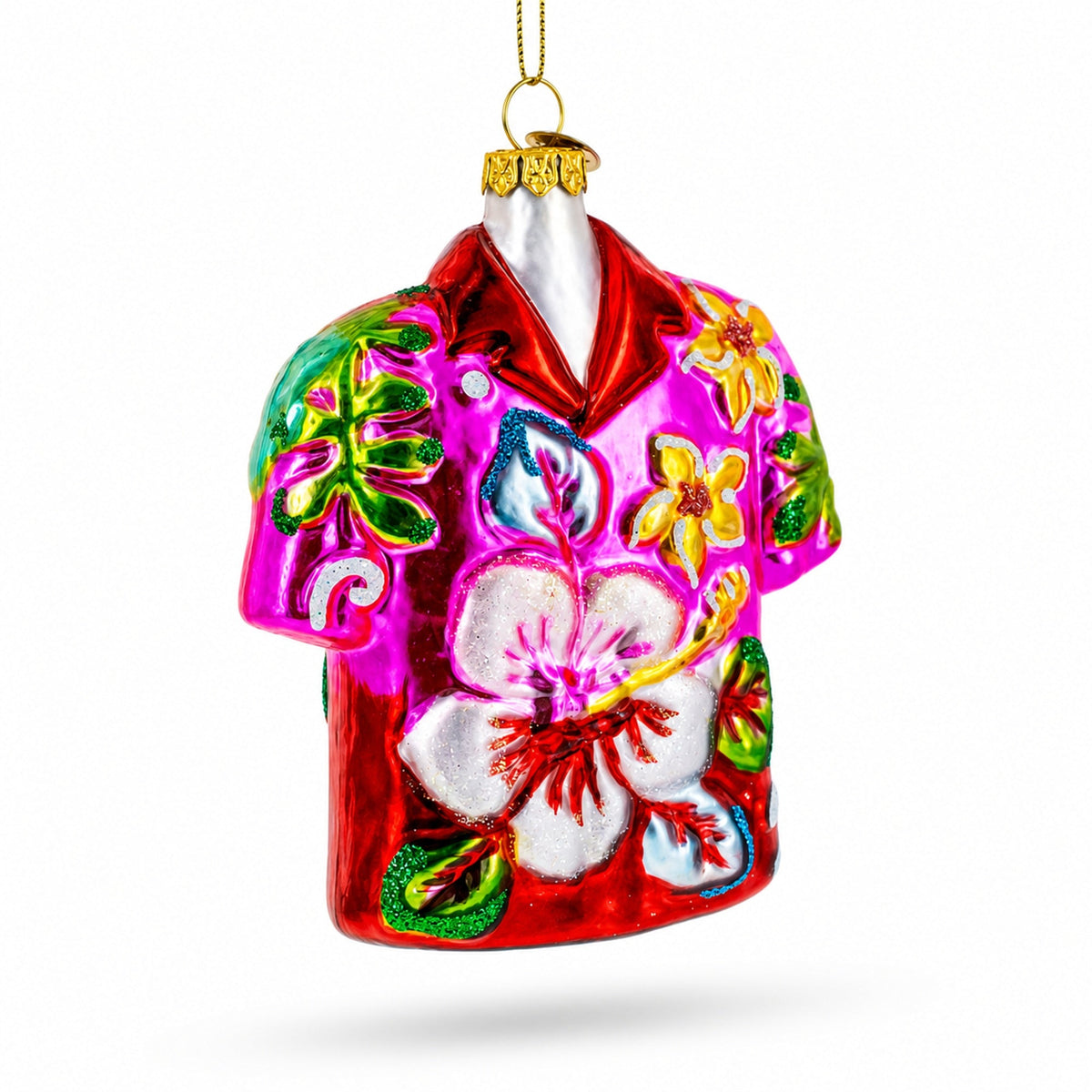 Tropical Short Sleeve Shirt with Flowers Glass Christmas Ornament