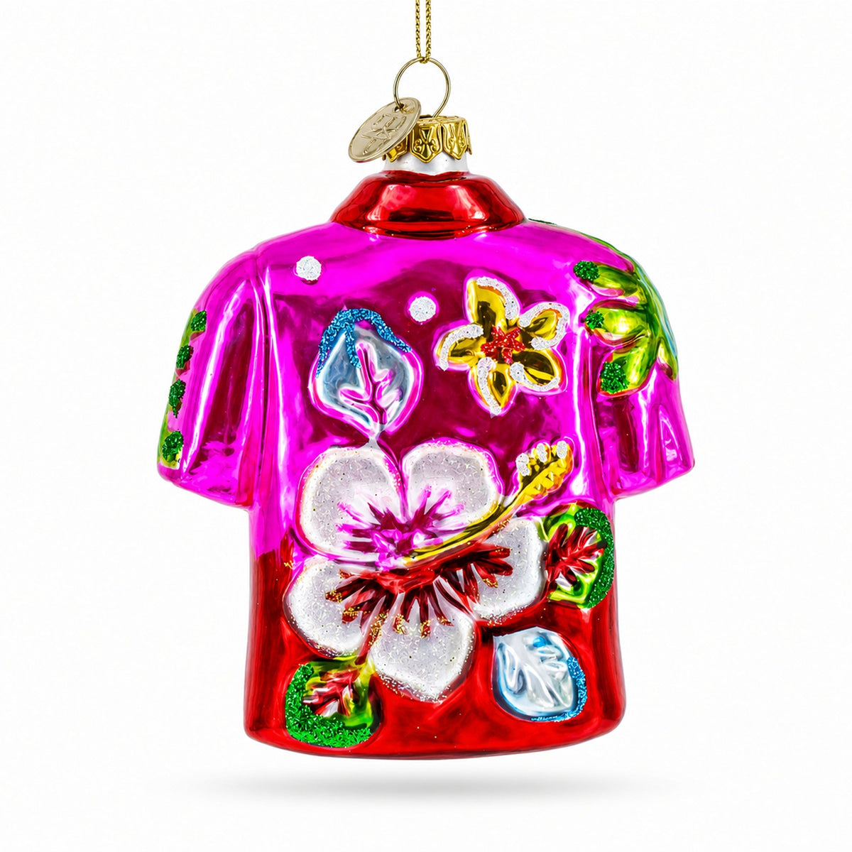 Tropical Short Sleeve Shirt with Flowers Glass Christmas Ornament