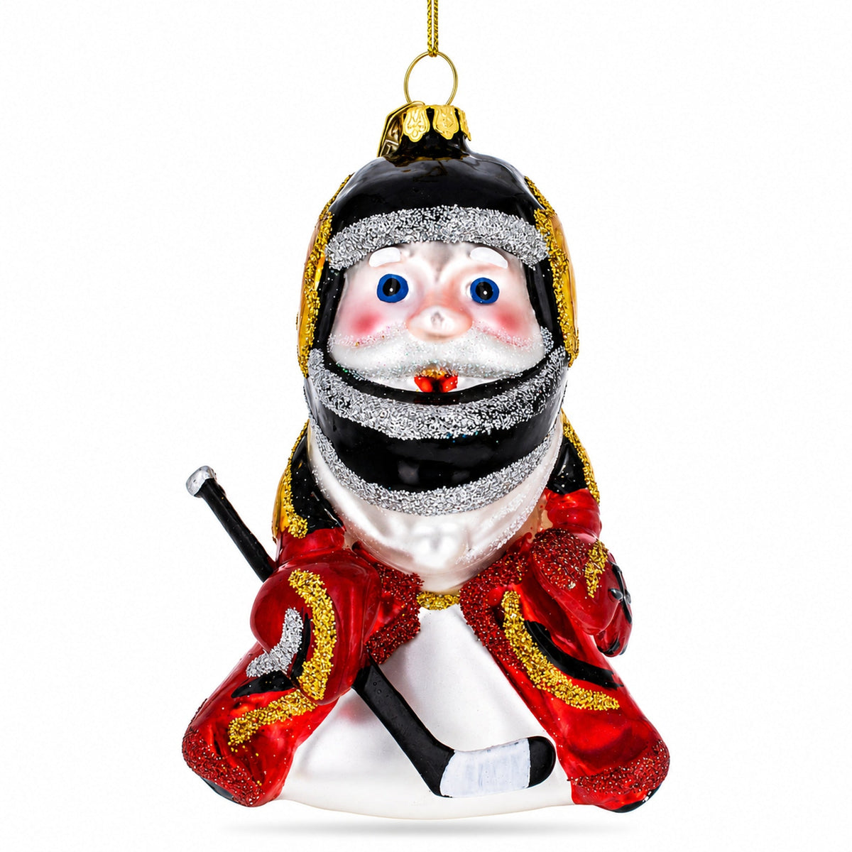 Santa in Ice Hockey Gear Glass Christmas Ornament