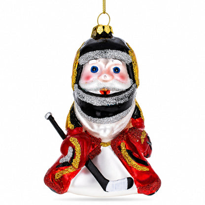 Santa in Ice Hockey Gear Glass Christmas Ornament