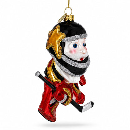 Santa in Ice Hockey Gear Glass Christmas Ornament