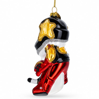 Santa in Ice Hockey Gear Glass Christmas Ornament