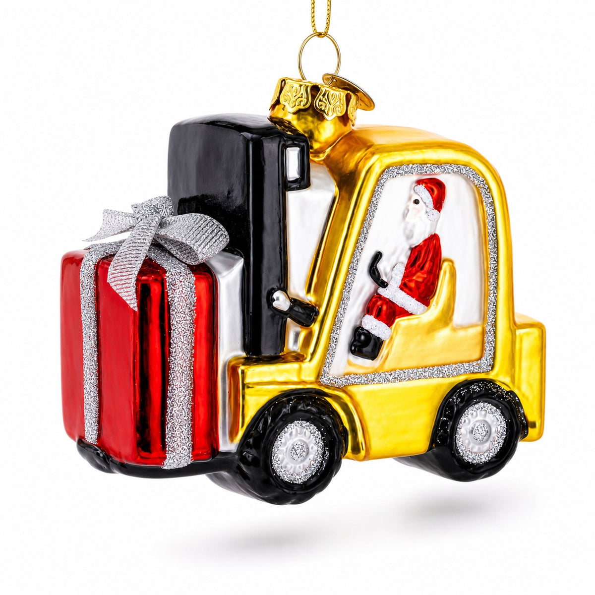 Santa Delivering Gifts with a Forklift Glass Christmas Ornament