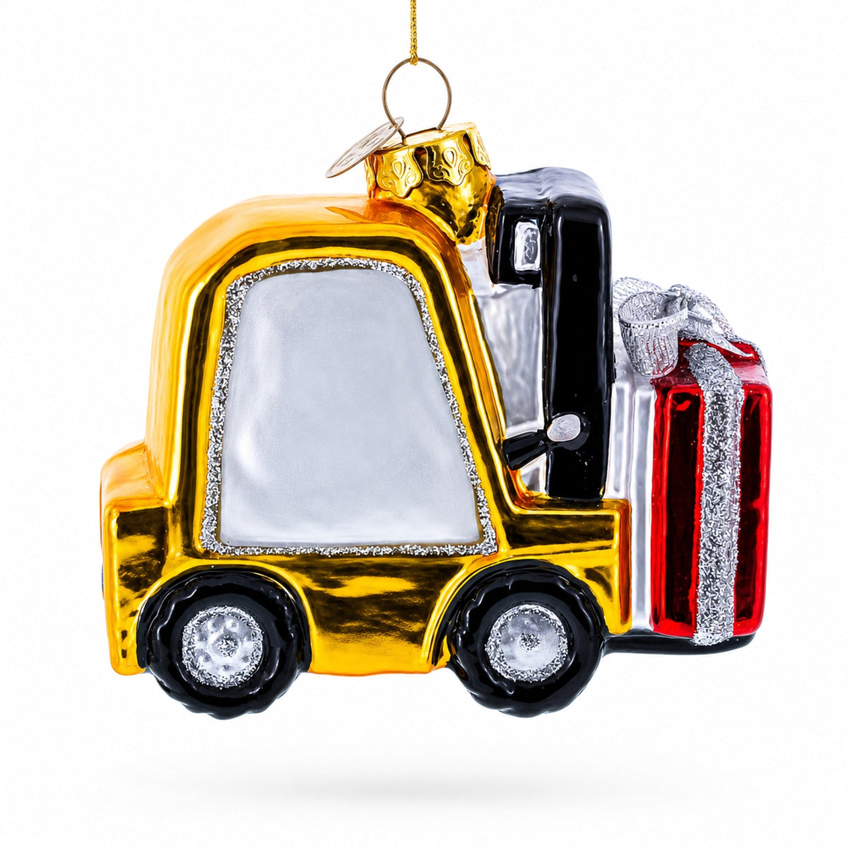 Santa Delivering Gifts with a Forklift Glass Christmas Ornament