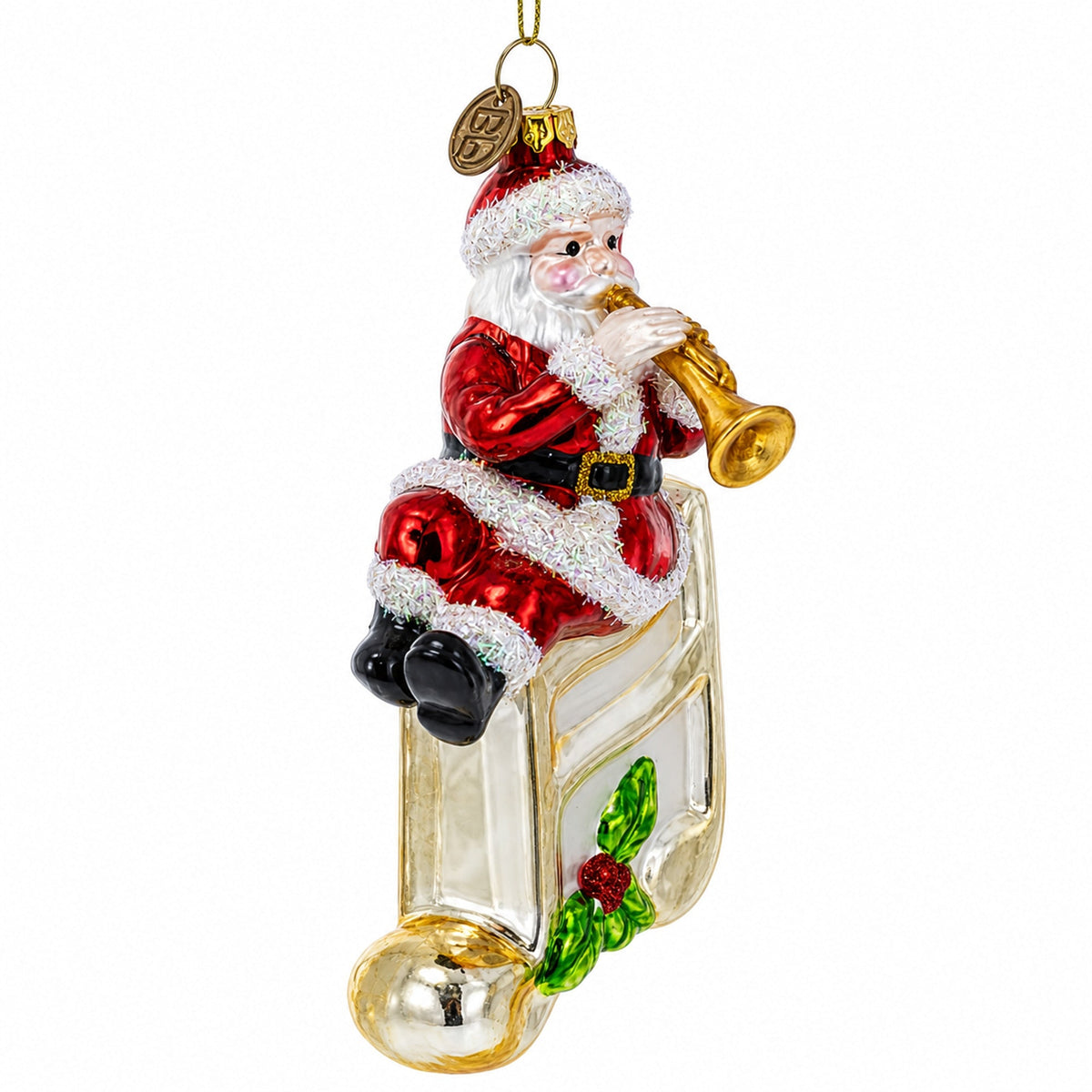 Santa on Music Note Glass Christmas Ornament