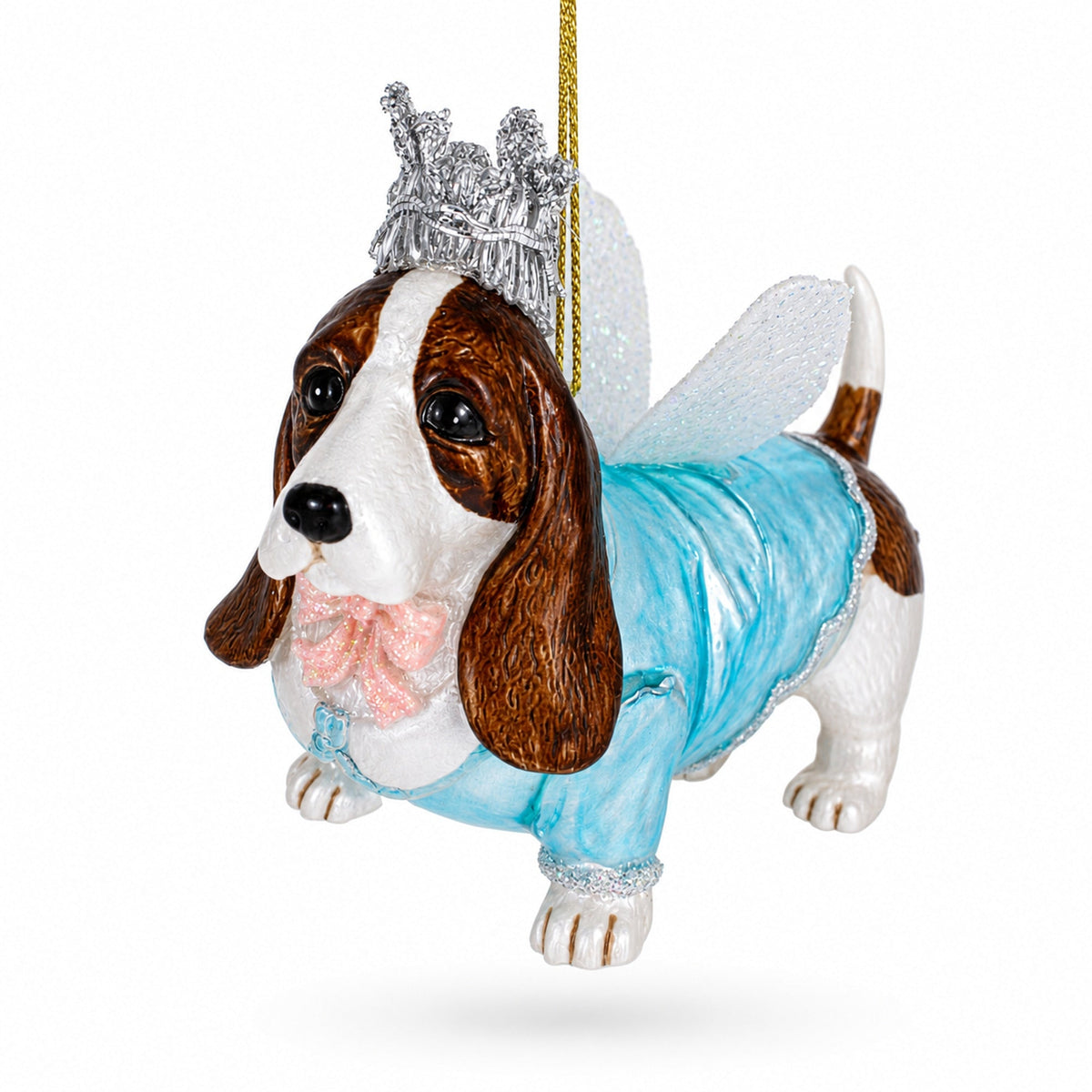 Basset Dog with Crown and Wings Glass Christmas Ornament