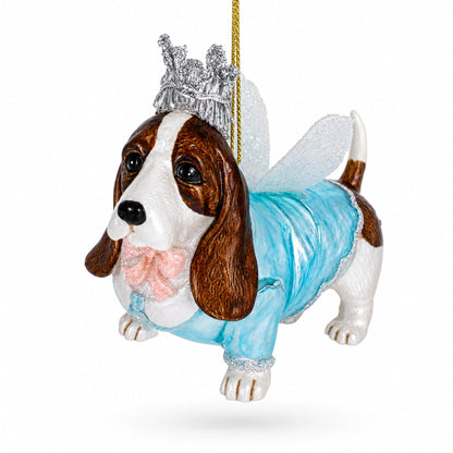 Basset Dog with Crown and Wings Glass Christmas Ornament