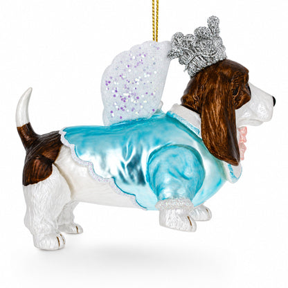 Basset Dog with Crown and Wings Glass Christmas Ornament