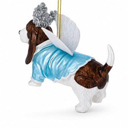 Basset Dog with Crown and Wings Glass Christmas Ornament