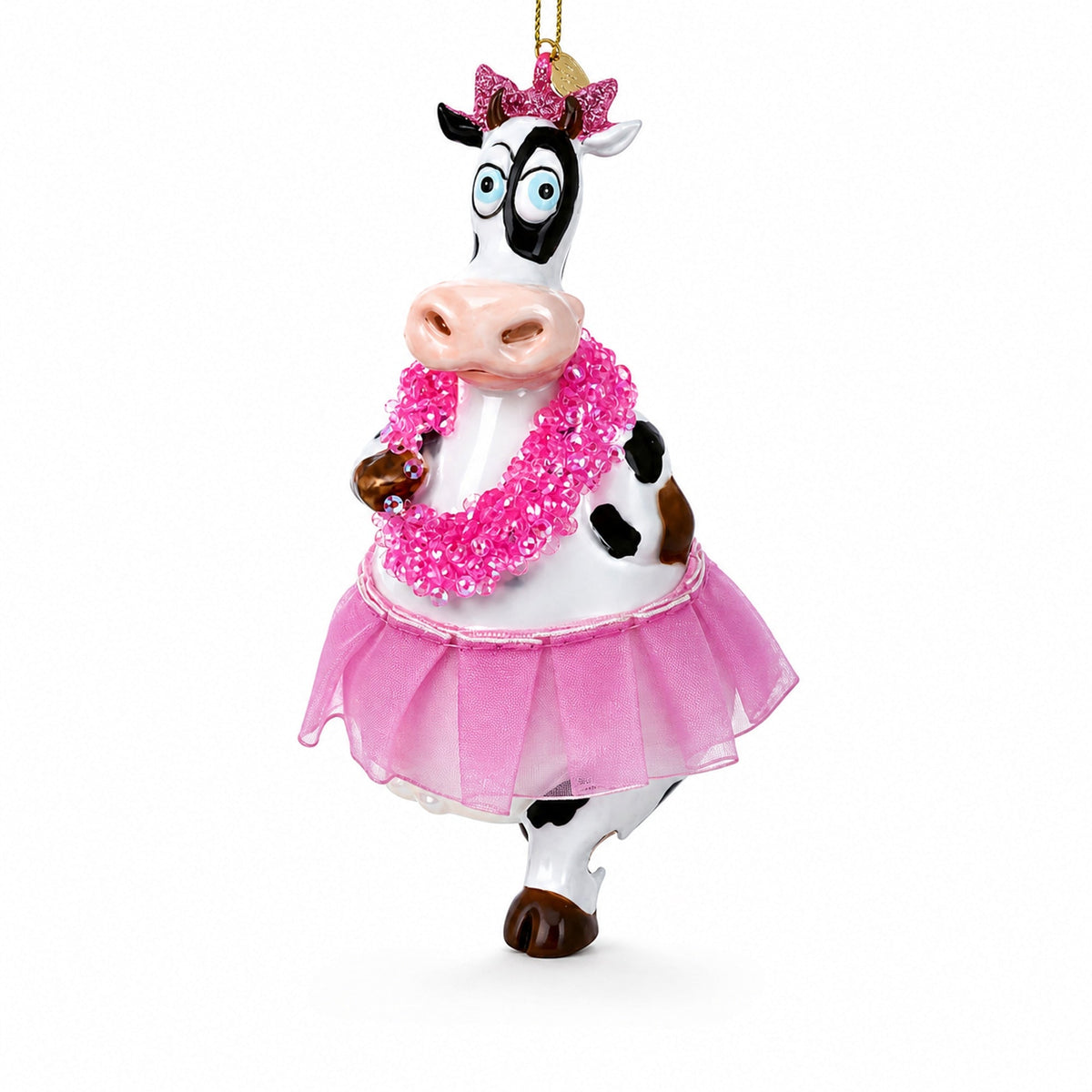 Dancing Cow in Pink Glass Christmas Ornament
