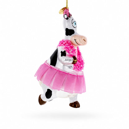 Dancing Cow in Pink Glass Christmas Ornament