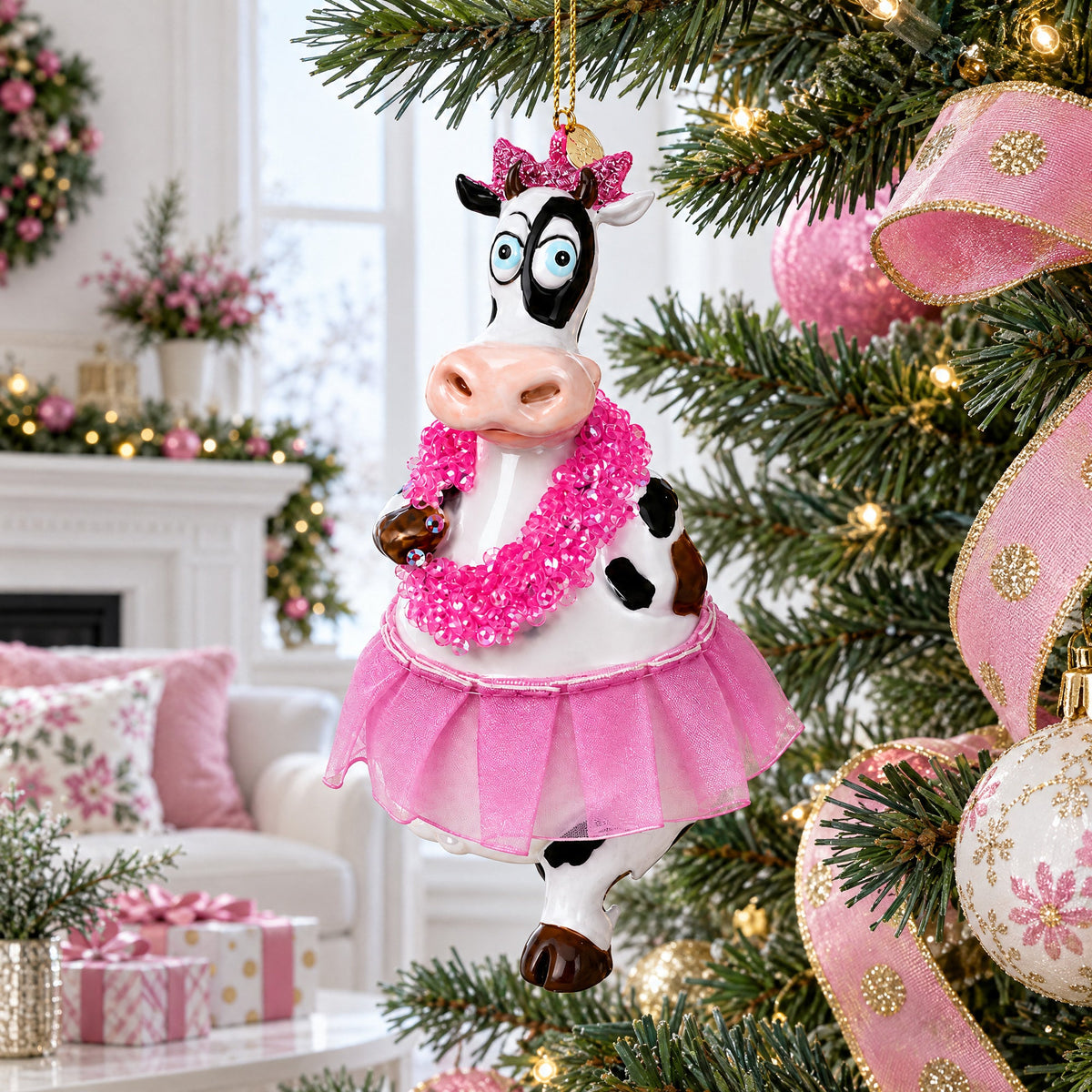Dancing Cow in Pink Glass Christmas Ornament