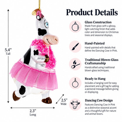 Dancing Cow in Pink Glass Christmas Ornament