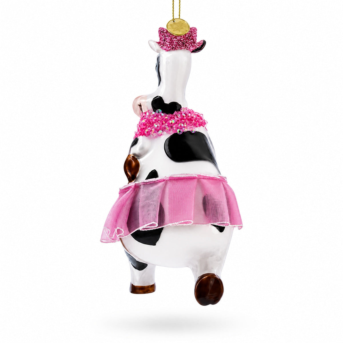 Dancing Cow in Pink Glass Christmas Ornament
