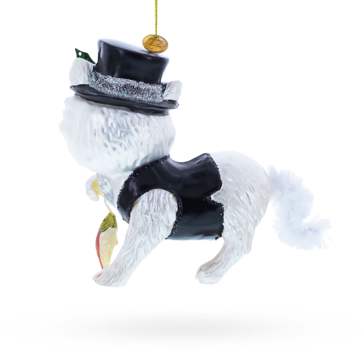 Cat in Black Costume Holding Fish Glass Christmas Ornament