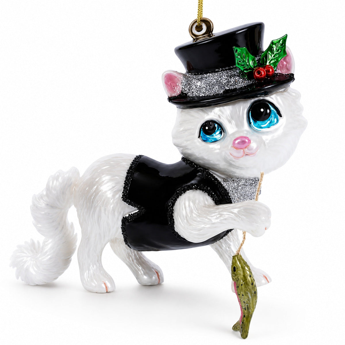 Cat in Black Costume Holding Fish Glass Christmas Ornament