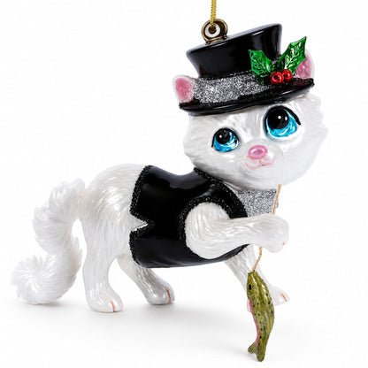 Cat in Black Costume Holding Fish Glass Christmas Ornament