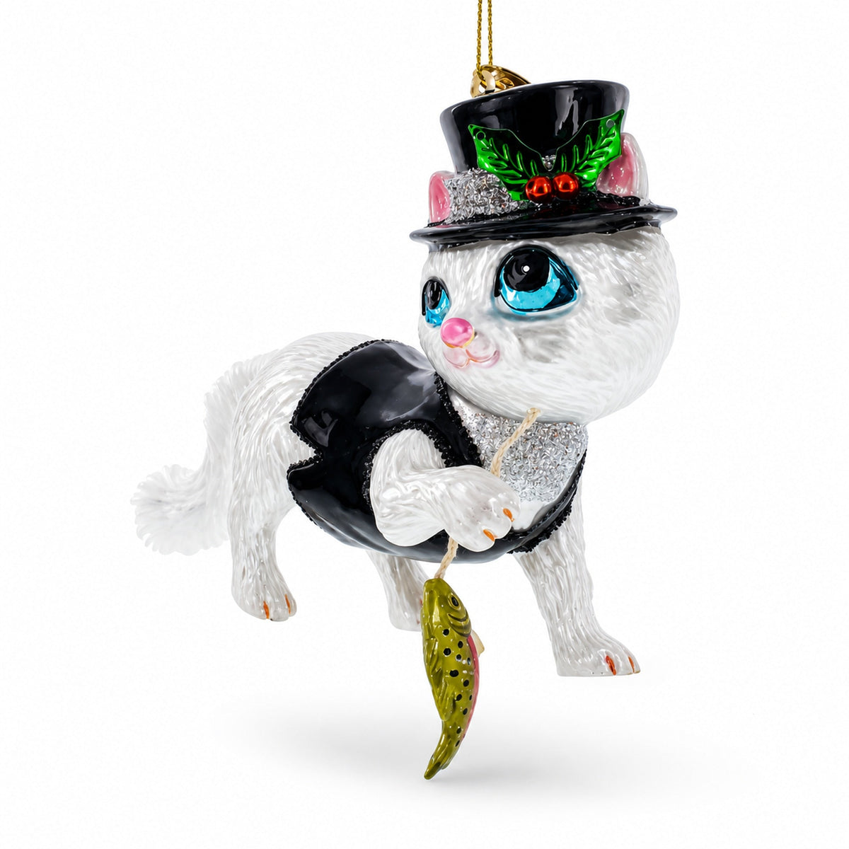 Cat in Black Costume Holding Fish Glass Christmas Ornament