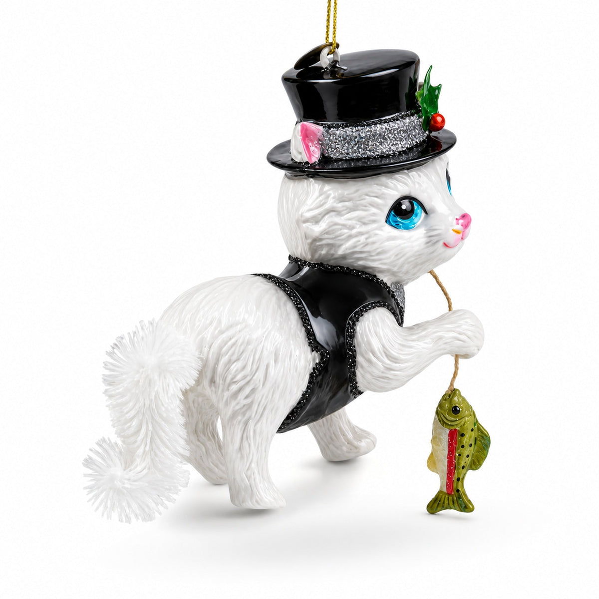 Cat in Black Costume Holding Fish Glass Christmas Ornament