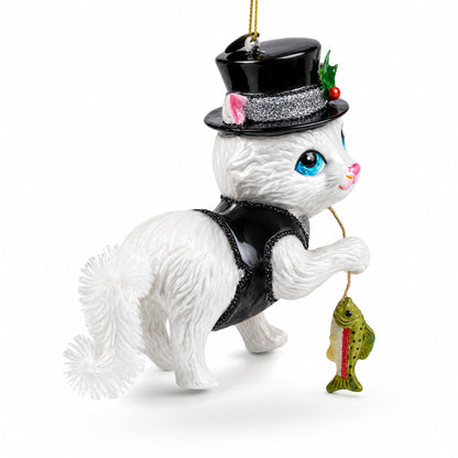 Cat in Black Costume Holding Fish Glass Christmas Ornament