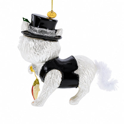Cat in Black Costume Holding Fish Glass Christmas Ornament