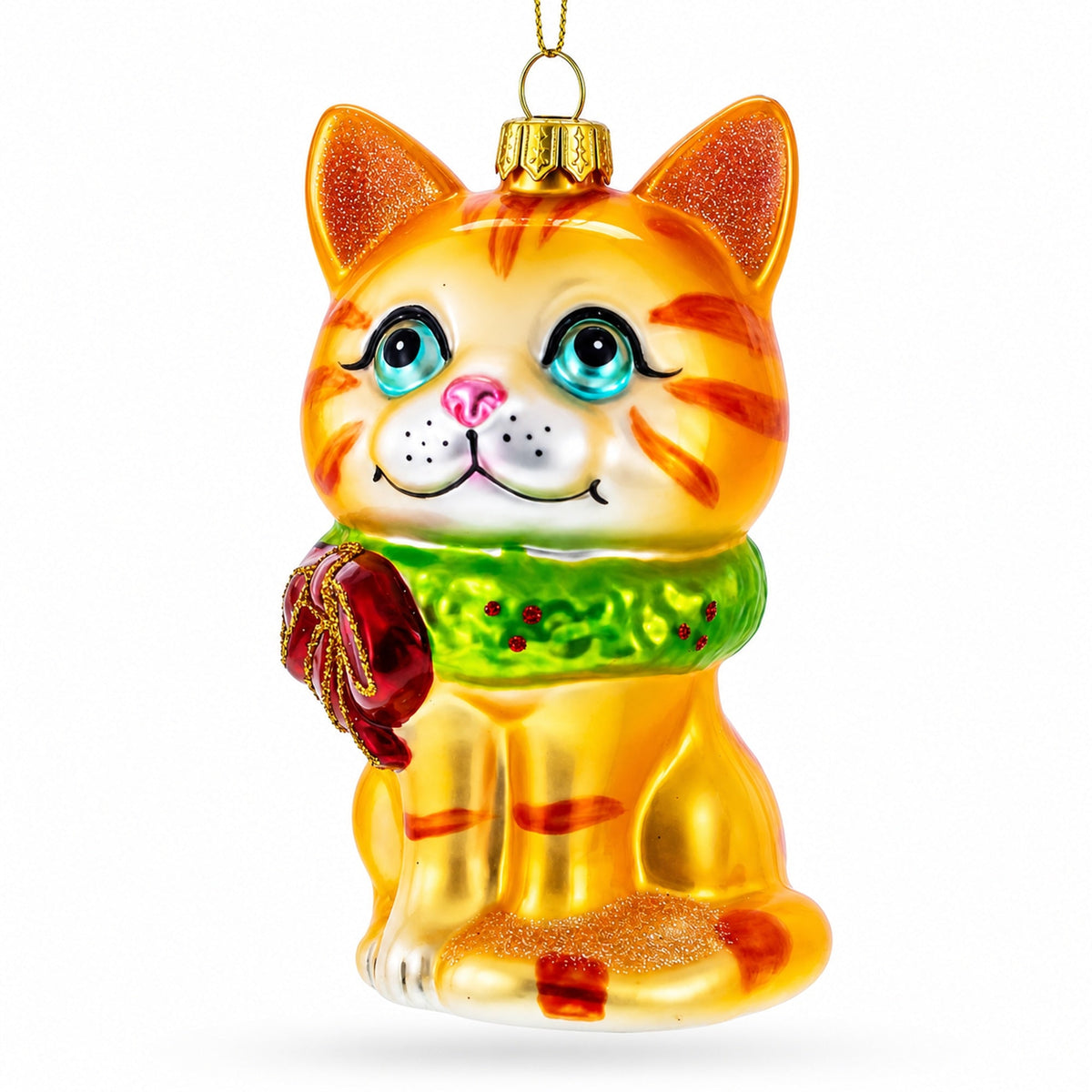 Orange Tabby Cat with Scarf Glass Christmas Ornament