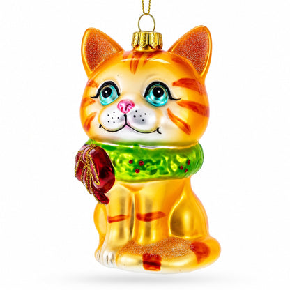 Orange Tabby Cat with Scarf Glass Christmas Ornament