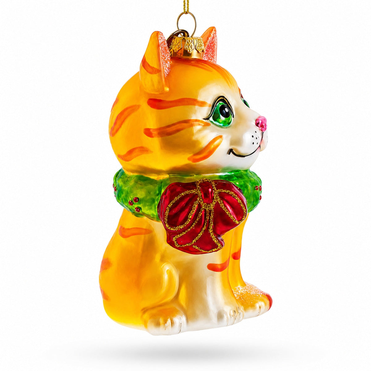 Orange Tabby Cat with Scarf Glass Christmas Ornament