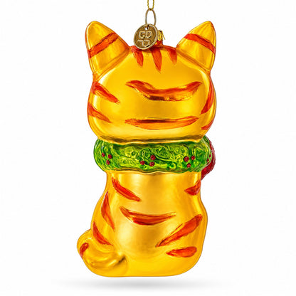 Orange Tabby Cat with Scarf Glass Christmas Ornament