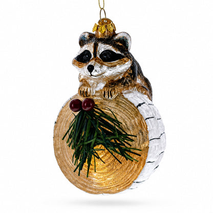 Raccoon on the Log Glass Christmas Ornament