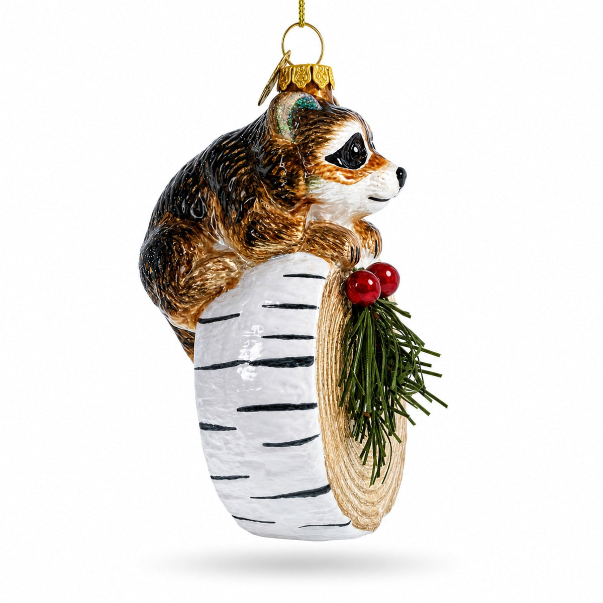 Raccoon on the Log Glass Christmas Ornament