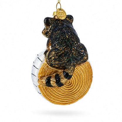 Raccoon on the Log Glass Christmas Ornament