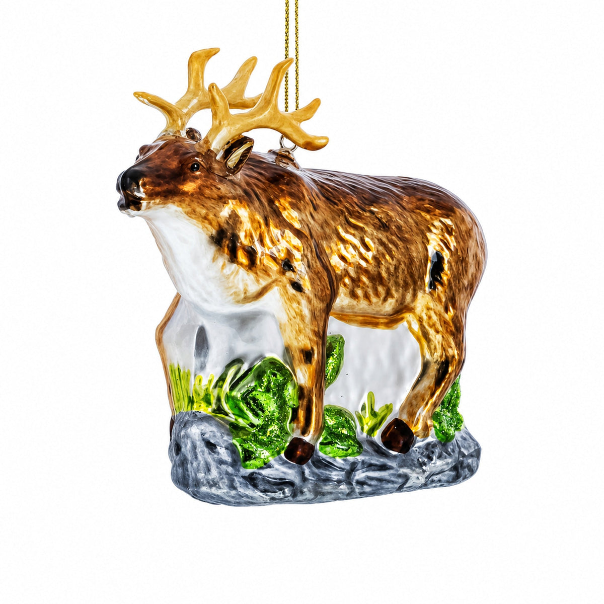 Reindeer on Grass Glass Christmas Ornament