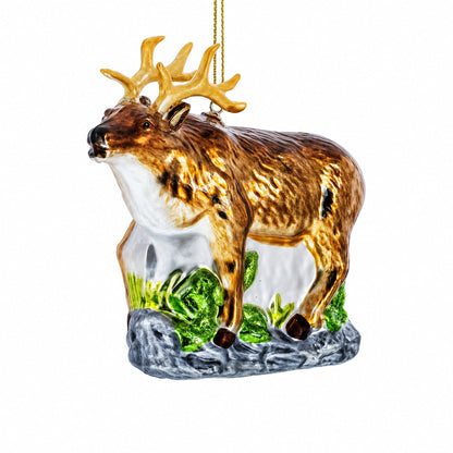 Reindeer on Grass Glass Christmas Ornament