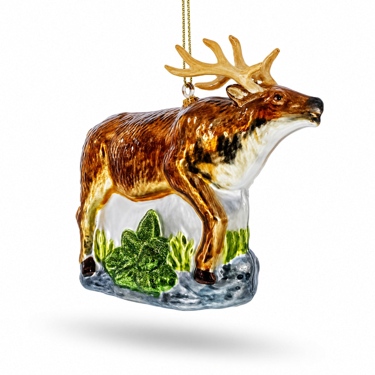 Reindeer on Grass Glass Christmas Ornament