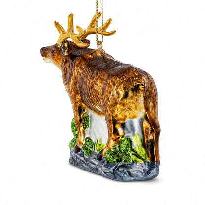 Reindeer on Grass Glass Christmas Ornament