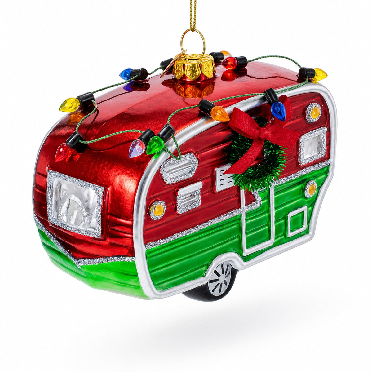 Camper Trailer with Lights Glass Christmas Ornament