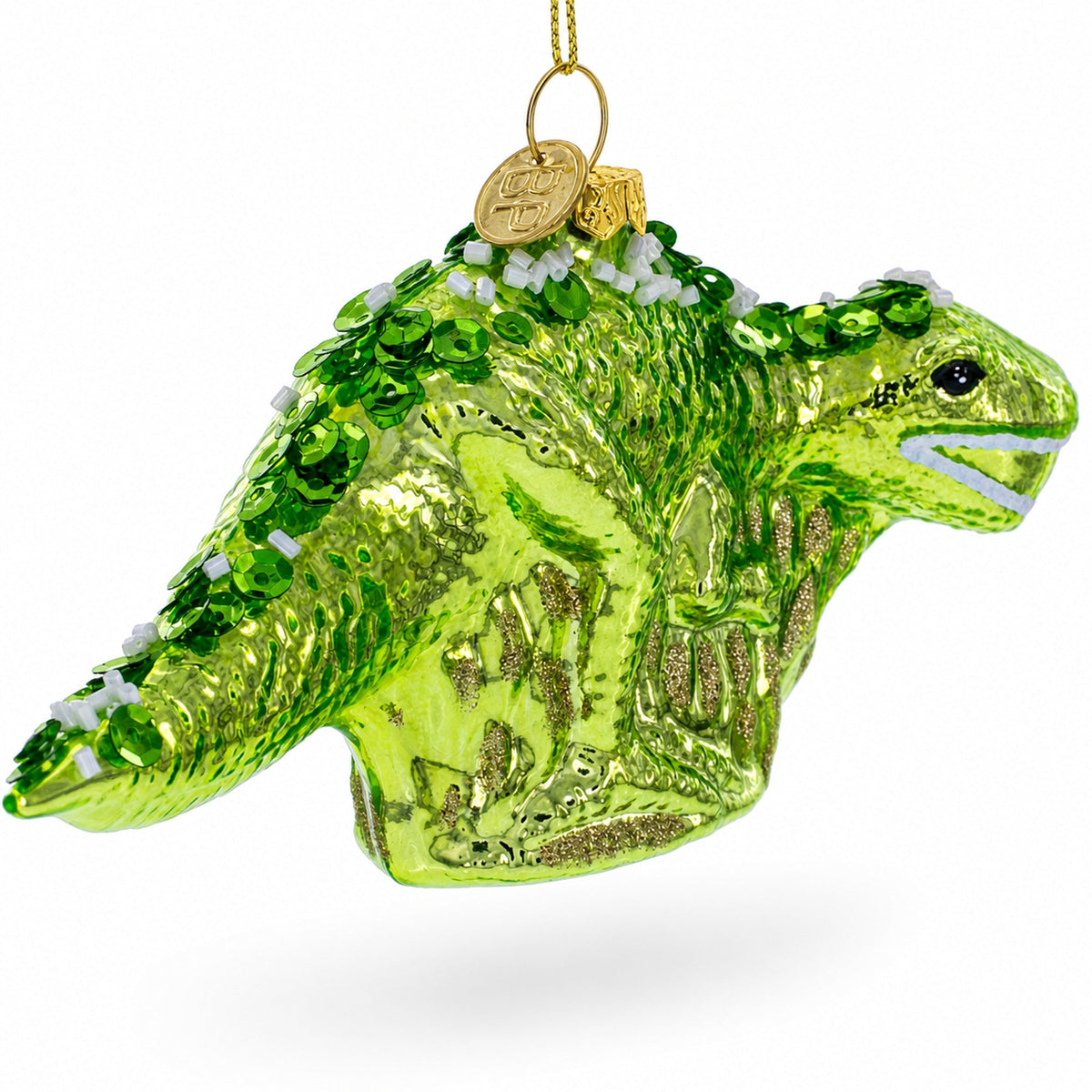 Green Dinosaur with Beads Glass Christmas Ornament