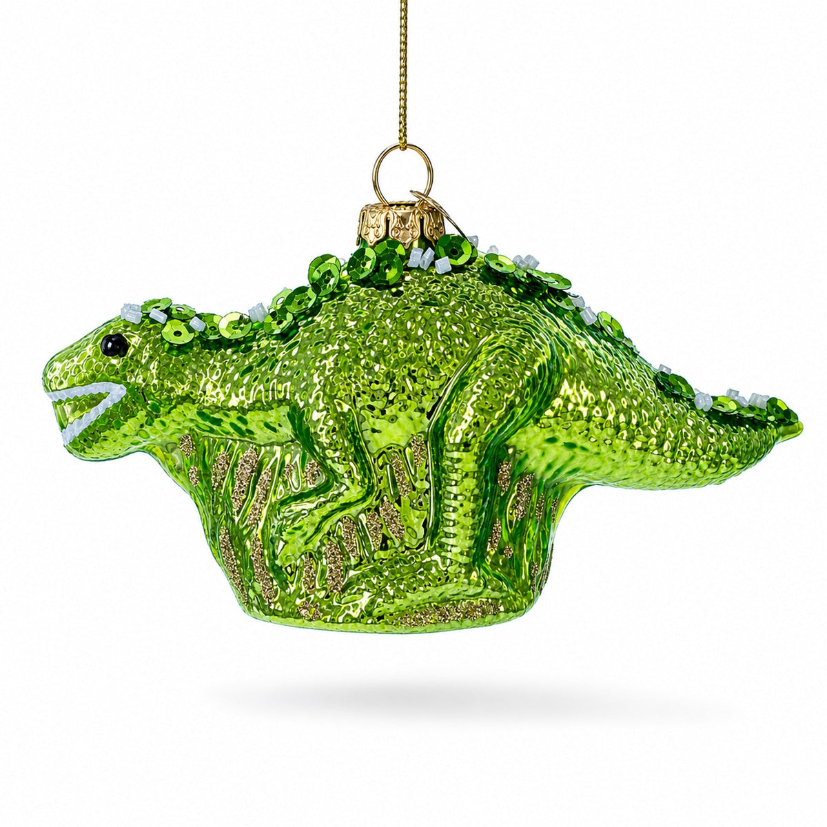 Green Dinosaur with Beads Glass Christmas Ornament