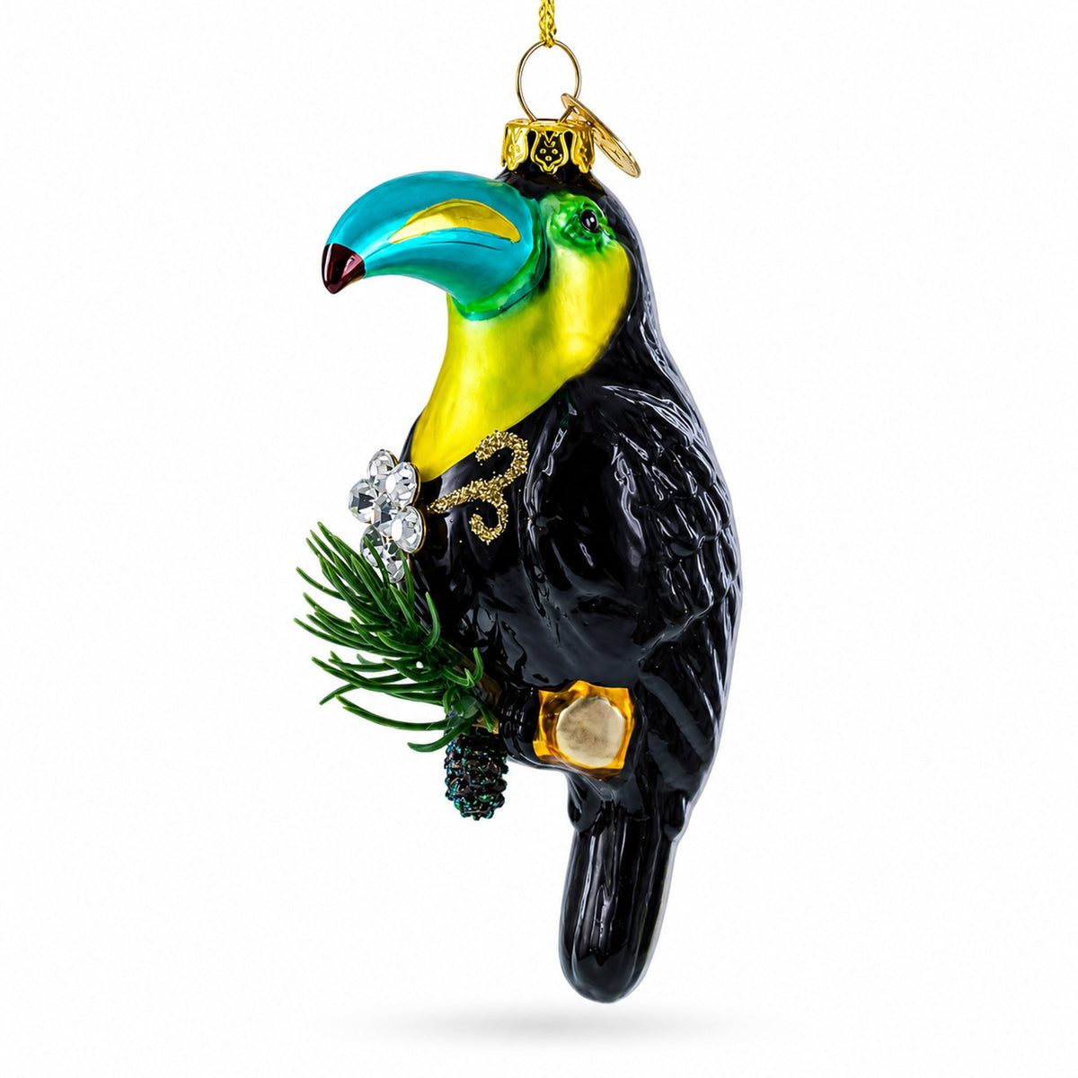 Toucan with Pine Branch Glass Christmas Ornament
