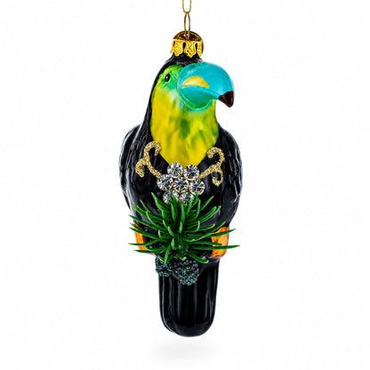 Toucan with Pine Branch Glass Christmas Ornament