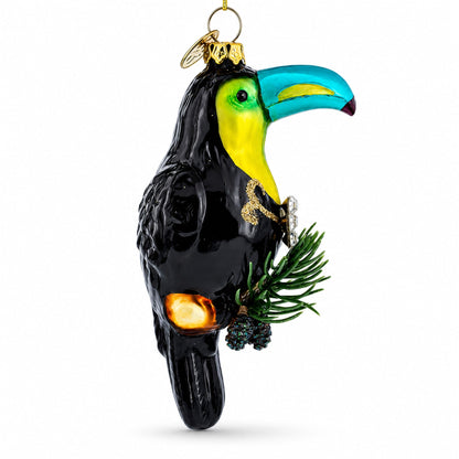 Toucan with Pine Branch Glass Christmas Ornament
